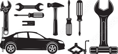 car service garage repair tools car silhouette set black vector