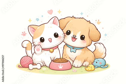 Kawaii cat and dog vector illustration, cute kitten and puppy characters with pet food bowl and toys, pastel anime style domestic animals, adorable furry friends for nursery and pet shop