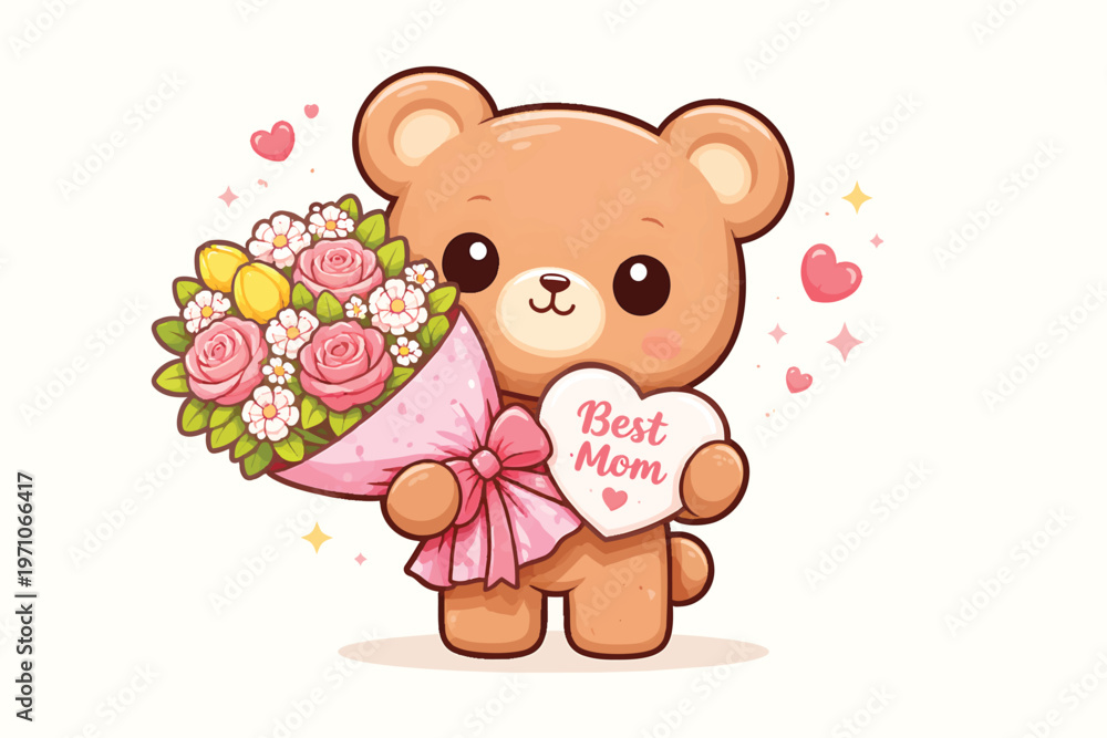 Fototapeta premium Kawaii teddy bear holding flower bouquet and Best Mom heart, cute cartoon animal vector for Mother's Day greeting cards, adorable brown bear with pink roses and floral arrangement isolated PNG