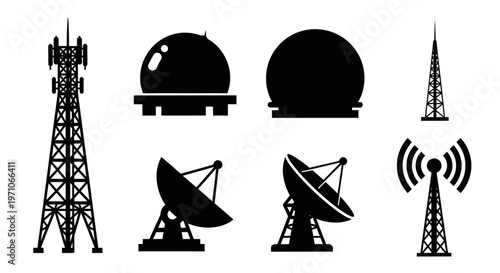 Wireless Communication Technology Tower, Dish, Radome Glyph Icons Silhouette Set