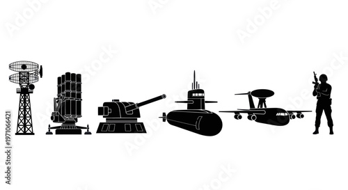 Military Defense Assets Silhouette Vector Icons: Radar, Missile, Naval Gun, Submarine, AWACS, Soldier