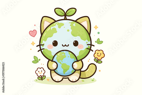 Kawaii earth cat vector illustration, cute kitten holding globe for environmental awareness, eco friendly feline character with sprout and flowers