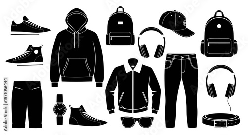 Streetwear Fashion Apparel Accessories Glyph Icons Set. Casual Clothes Silhouette Collection.