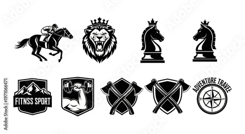 Recreation  Leisure Vector Emblems - Horse Lion Chess Knight Axe Dumbbell Compass Black  White Glyphs