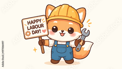 Kawaii fox construction worker vector illustration, cute animal character wearing yellow hard hat and blue overalls, happy labour day greeting sign with wrench tool and gear icon isolated PNG