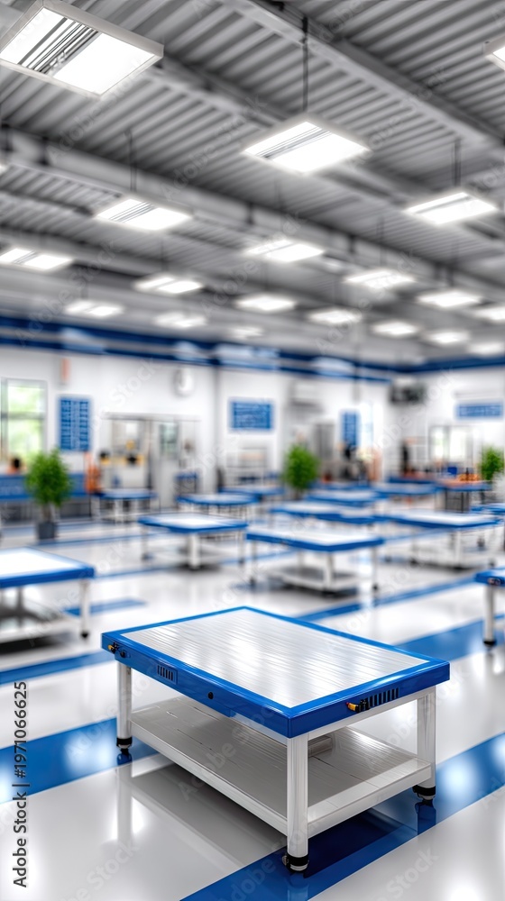 Fototapeta premium Bright office and laboratory area features large windows and white desks with blue chairs, designed for research and medical work