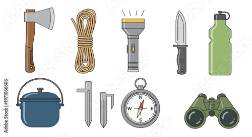 Camping and Outdoor Adventure Equipment Flat Vector Illustration Set
