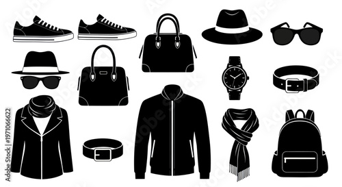 Fashion Accessories and Clothing Silhouette Icon Set - Apparel Style Glyphs Collection