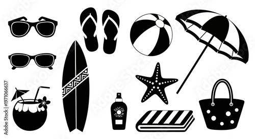Summer Beach Vacation Travel Accessories Black and White Glyph Icon Set