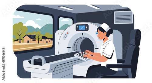 Mobile CT Scan Unit: Nurse Operates Machine in Rural Setting