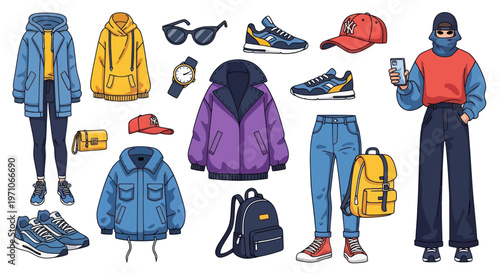 Trendy Streetwear Casual Outfit Builder Fashion Accessories Flat Vector Art Illustration Set