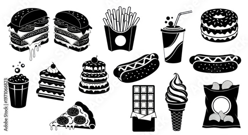 Food and Drink Black and White Glyph Icons Set: Fast Food, Snacks, and Desserts