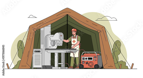 Mobile Medical Unit: Nurse Operates X-ray Machine in Field Hospital Tent