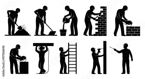 Construction Workers Tasks Icons Set - Building and Renovation Silhouettes