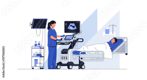 Medical Ultrasound Examination: Nurse Operating Machine on Patient in Hospital Bed