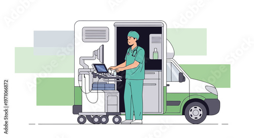 Mobile medical unit with doctor performing diagnostic scan in a van