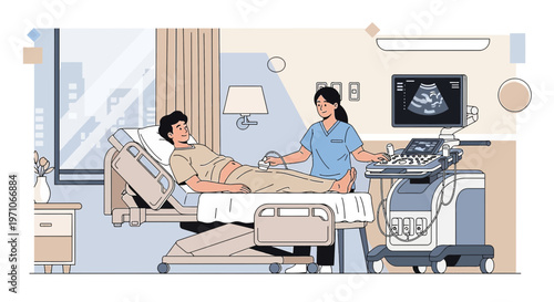 Medical Ultrasound Examination: Patient and Technician in Modern Clinic Room
