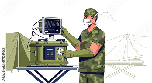 Military Doctor Operating Ventilator in Field Hospital Tent