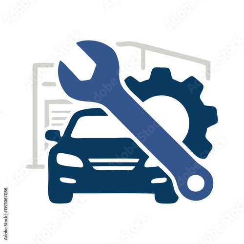 Logo taller mecánico. Dibujo con líneas de un vehículo de lujo con un engranaje y una llave ajustable, vistos de frente, con un garaje de fondo 