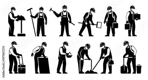 Construction Workers Glyph Icons Set - Black  White Vector Builders and Laborers with Tools
