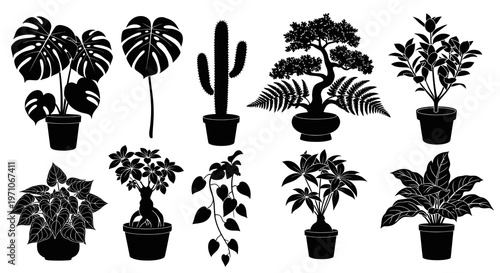 House Plants Black  White Silhouette Vector Icons Set for Home Gardening and Decor