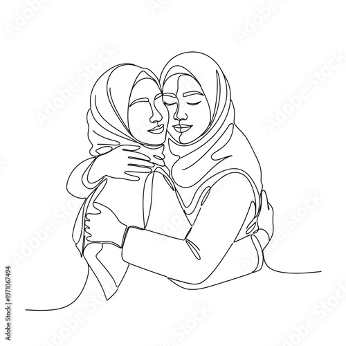 Two Women Wearing Headscarves Embracing.