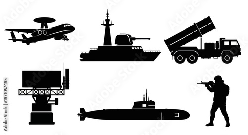 Military Defense Silhouettes Set: Warship, AWACS, Submarine, Radar, MLRS Truck, Soldier Vector Icons
