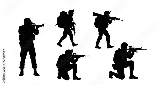 Military Soldiers Silhouettes Vector Set - Army Combat Personnel with Rifles Poses