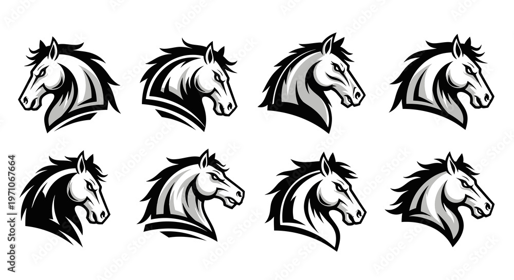 Fototapeta premium Monochrome Sports Mascot Horse Head Vector Logo Set - Equestrian Animal Emblems