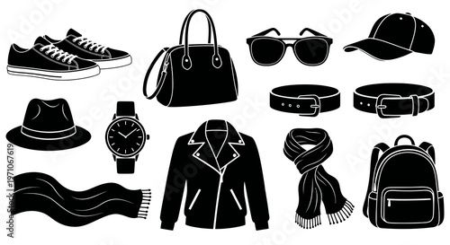 Fashion Accessories Glyph Icons Set - Black and White Silhouettes of Clothing Items