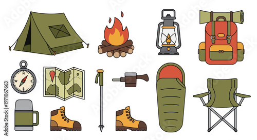 Flat Vector Illustration of Camping and Outdoor Adventure Equipment Icons