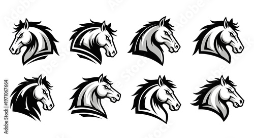 Monochrome Sports Mascot Horse Head Vector Logo Set - Equestrian Animal Emblems