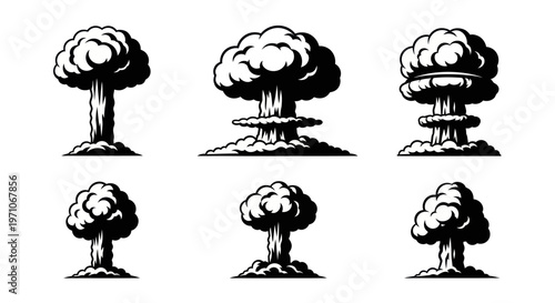 Black  White Stylized Nuclear Mushroom Cloud Explosions Military Graphic Set