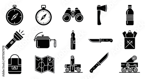 Outdoor Adventure Camping and Survival Gear Black Silhouette Glyph Icons Set