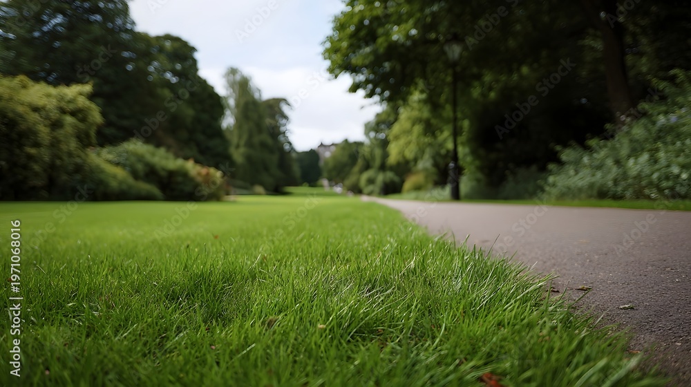 Obraz premium Serene park path surrounded by lush greenery and trees