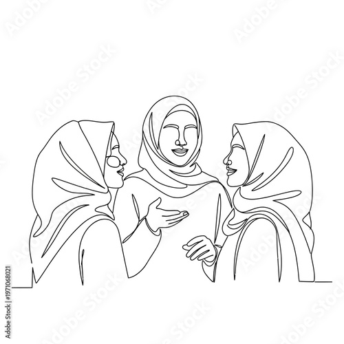 Women wearing headscarves talking together.