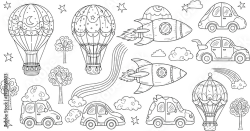 Cute whimsical transport collection with hot air balloons rockets cars clouds trees and stars cartoon vector illustration