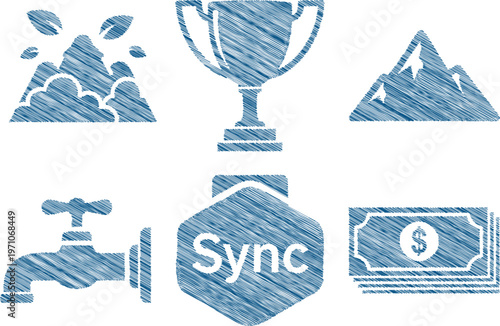 Blue icons set of money, trophy, sync, water faucet and mountains in sketch style with diagonal lines for business and finance