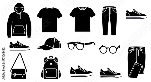 Black and White Glyph Icons for Casual Fashion Apparel and Accessories