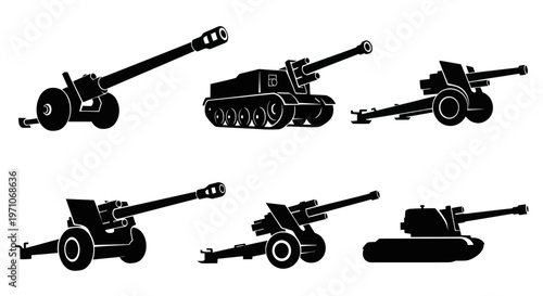 Military Artillery Cannons and Self-Propelled Guns Silhouettes Set - Vector Icons