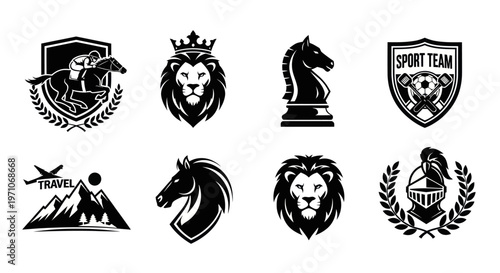 Black and White Glyph Sports, Animal, Travel  Royal Emblems Logo Icon Set