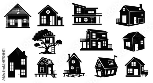 Architecture Housing Black and White Silhouette Home  Building Icons Collection