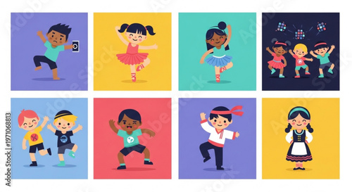 Diverse children dancing in various colorful outfits and backgrounds joyful movements