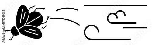 Motion dynamics, airflow, nature, flight, minimalism, vector design. A fly in motion with airflow lines indicating movement. Motion dynamics and airflow concepts illustrated through minimalist lines