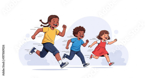 Diverse group of children running happily together in a race.