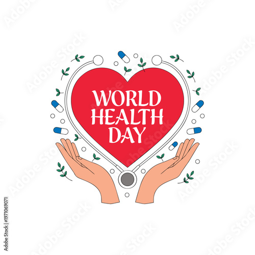 Creative World Health Day vector illustration featuring heart shape with medical symbols, stethoscope and healthcare concept. 