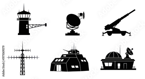 Military Communication Radar  Aviation Control Black Silhouette Glyphs