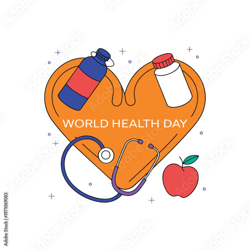 Creative World Health Day vector illustration featuring heart shape with medical symbols, stethoscope and healthcare concept. 