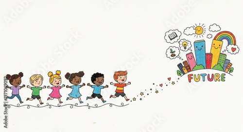 Diverse group of children running towards a bright future cityscape.