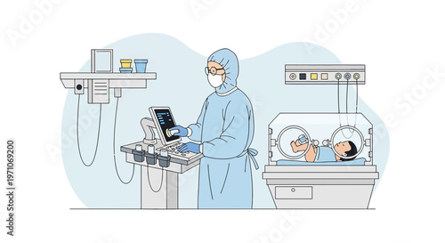 Neonatal Intensive Care: Doctor in Protective Gear Monitors Premature Baby in Incubator
